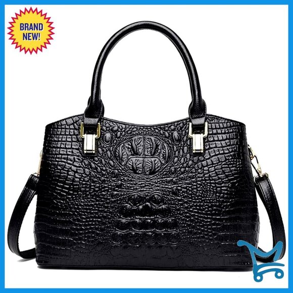 Handbags - Large Vegan Leather Tote with Shoulder Strap, Crocodile Texture Satchel